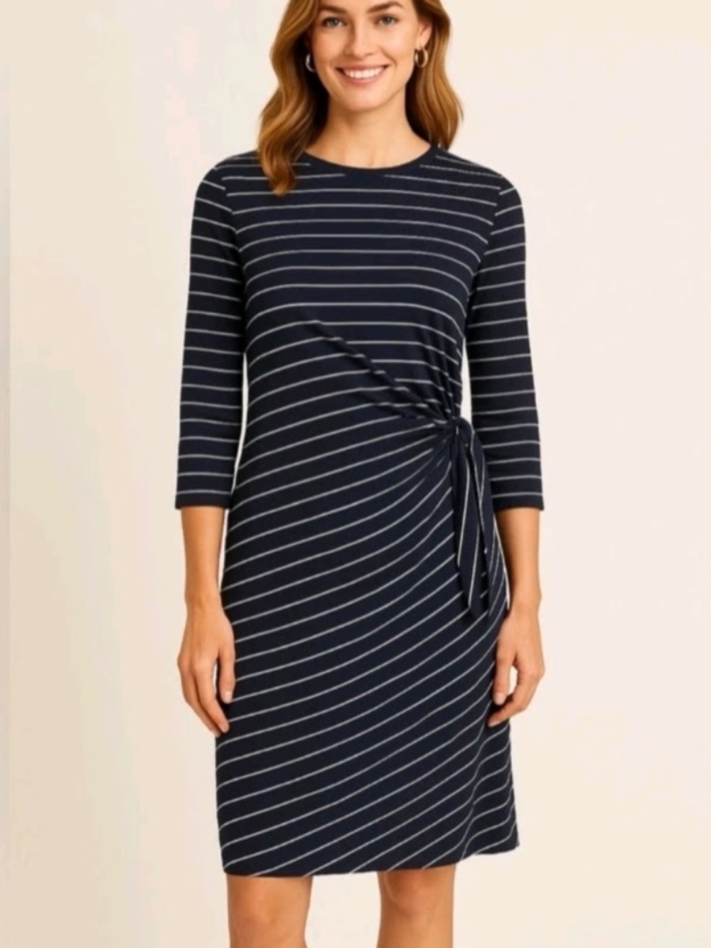 J. McLaughlin Elora Dress Navy Striped Side Tie Jersey Knit Nautical Size L NWOT